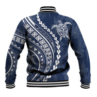 Navy baseball jacket back with turtle graphic and bold tribal patterned sleeves