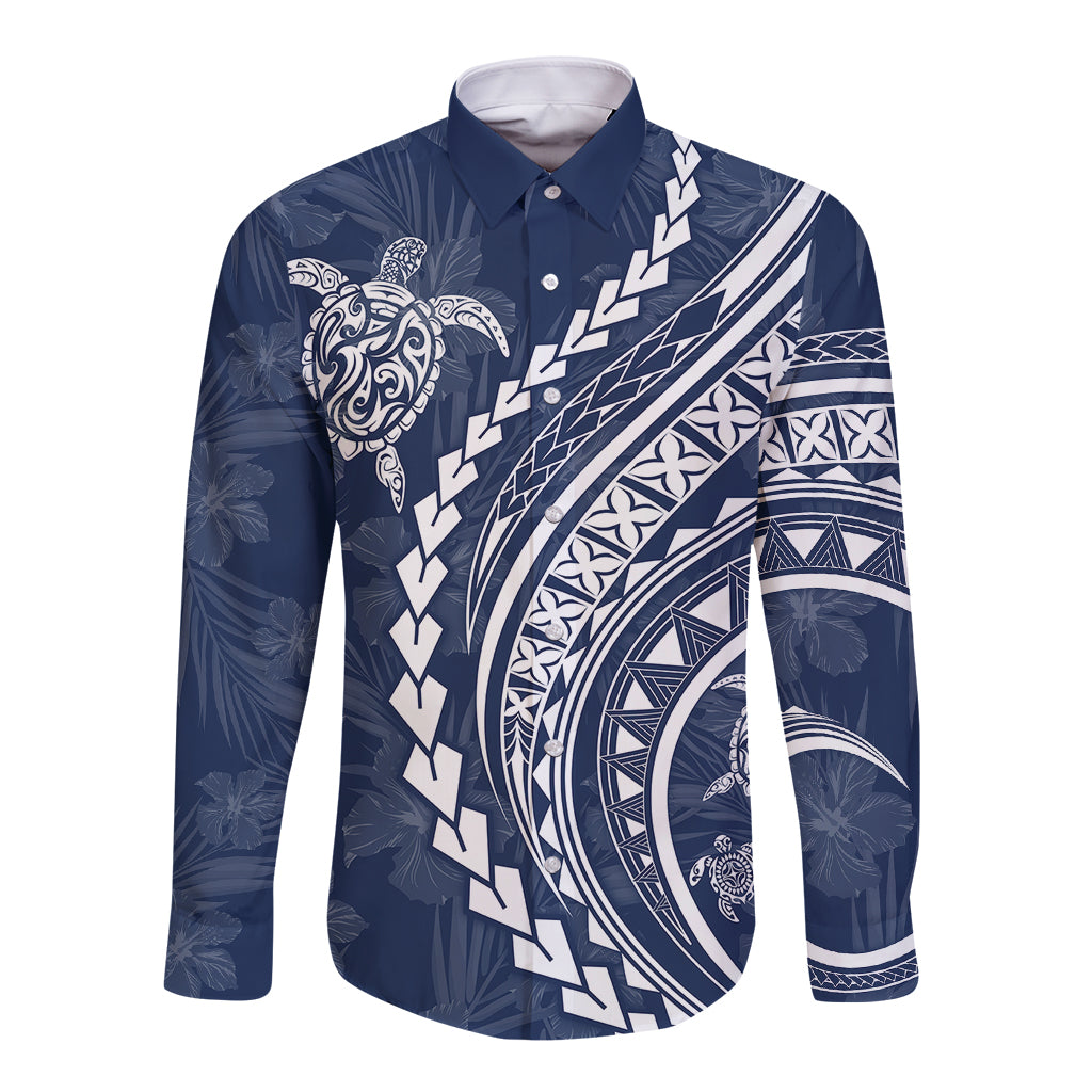Navy long sleeve button shirt with ornate turtle and floral print