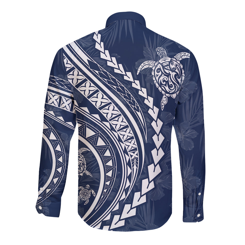 Navy long sleeve button shirt, back print with turtle and geometric patterns