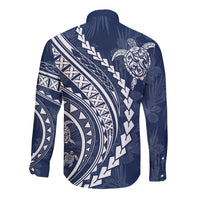 Navy long sleeve button shirt, back print with turtle and geometric patterns