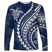 Navy long-sleeve shirt with white geometric Polynesian print and turtle graphic