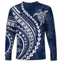 Navy long-sleeve shirt with large circular tribal pattern and turtle graphic