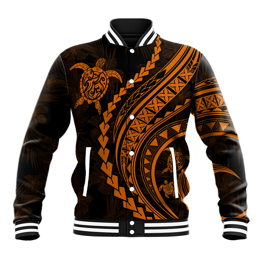 Unisex black baseball jacket with orange tribal patterns, turtle graphic, button front