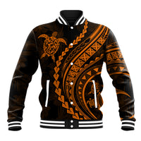 Unisex black baseball jacket with orange tribal patterns, turtle graphic, button front