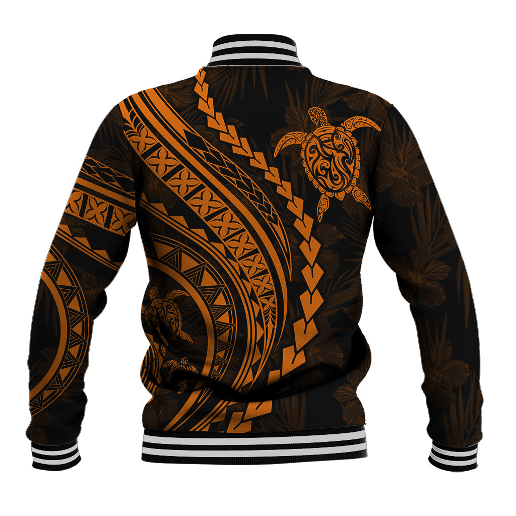 Unisex black baseball jacket back with orange tribal print and turtle graphic, rib cuffs