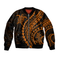 Black bomber jacket with orange tribal turtle/hibiscus graphic, front zip closure