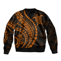 Black bomber jacket with orange tribal back graphic and wide banded hem