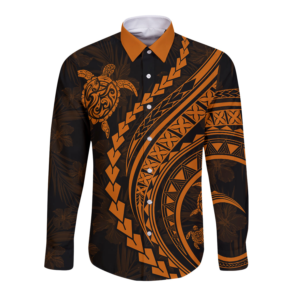 Orange-collar long-sleeve button shirt with dark tribal print front, gold and orange accents