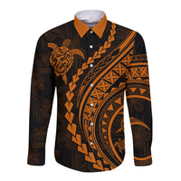 Orange-collar long-sleeve button shirt with dark tribal print front, gold and orange accents