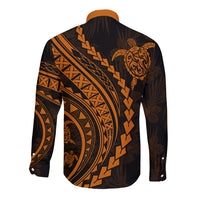 Long-sleeve button shirt back with dark tribal pattern and large circular motif, orange and gold