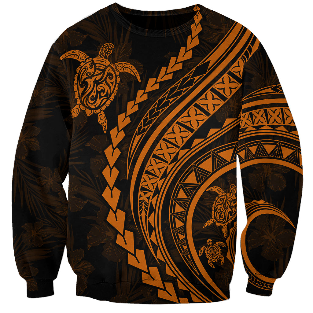 Unisex dark sweatshirt with orange tribal stripes and turtle hibiscus artwork