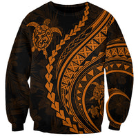 Unisex dark sweatshirt with orange tribal stripes and turtle hibiscus artwork