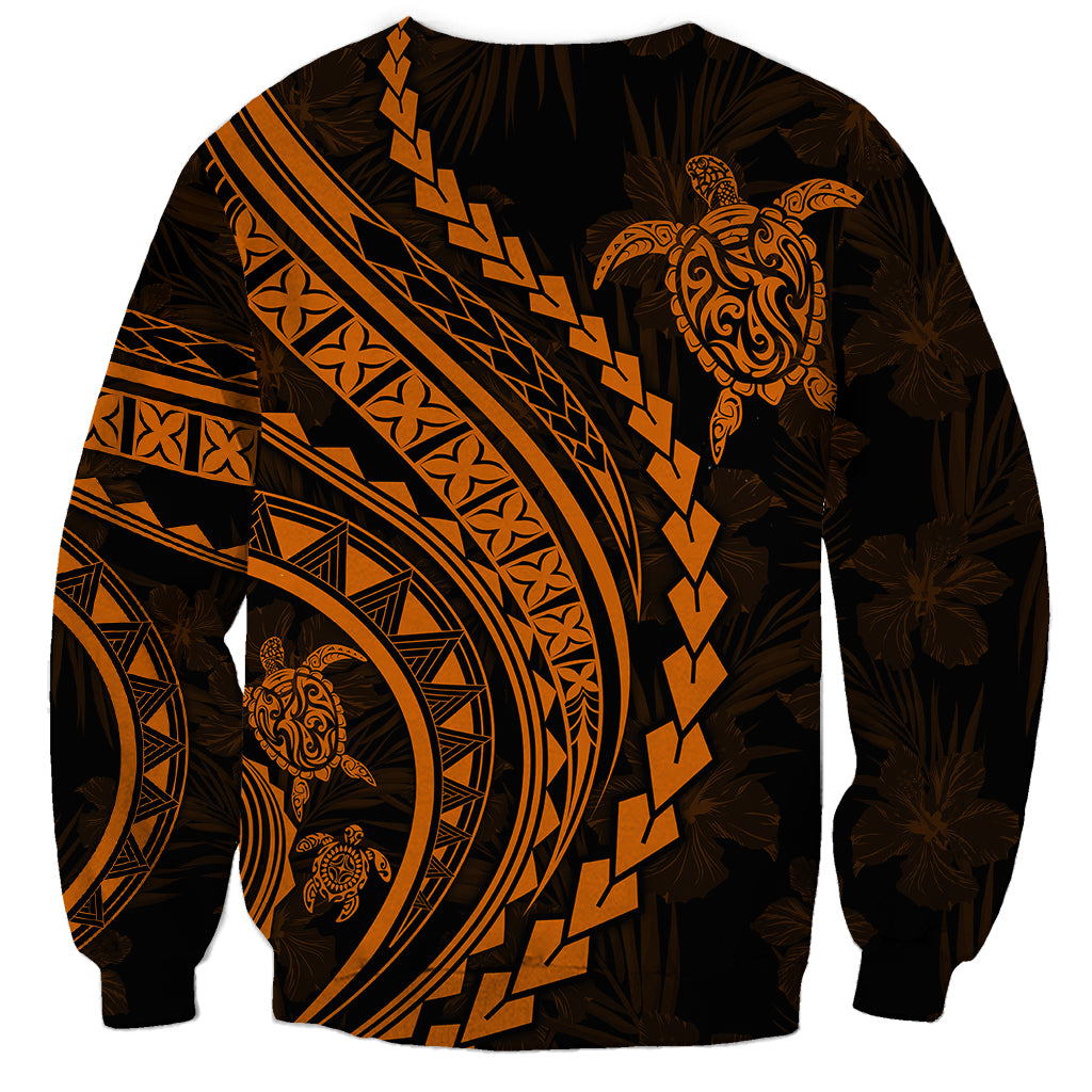 Unisex dark sweatshirt with orange Polynesian turtle and hibiscus pattern