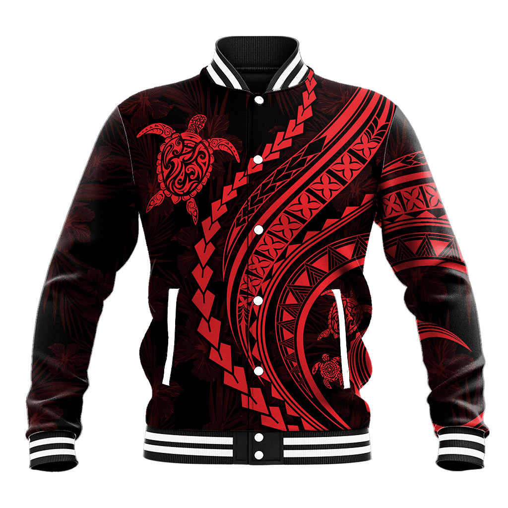 Baseball jacket front, dark with red tribal patterns, turtle graphic, snap button placket
