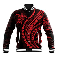 Baseball jacket front, dark with red tribal patterns, turtle graphic, snap button placket