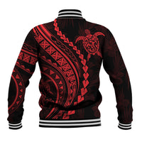 Men's baseball jacket, dark fabric with red Polynesian turtle and hibiscus print, rib trim
