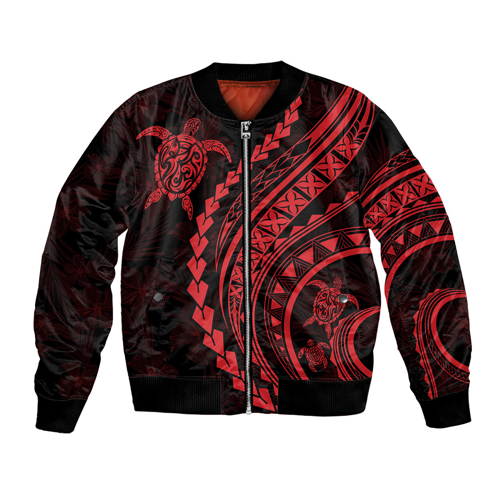 Unisex bomber jacket with front zip, black base, red Polynesian turtle hibiscus print