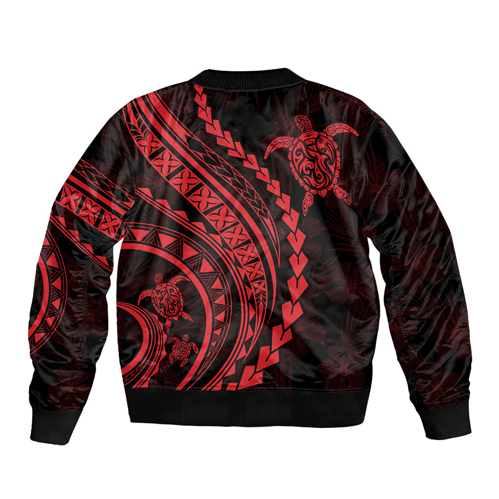 Unisex bomber jacket, black base with red Polynesian tribal circle back print