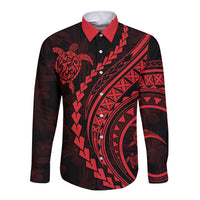 Long sleeve button shirt with turtle and hibiscus print, red collar, dark base