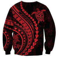Dark sweatshirt with large red tribal stripe and turtle graphic on front.
