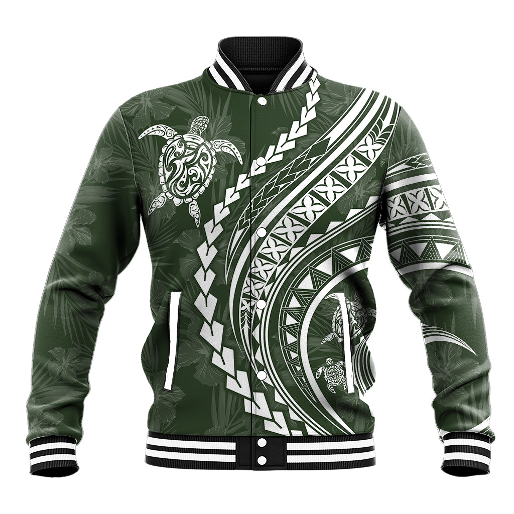 Unisex green baseball jacket with turtle graphic, white tribal pattern, striped ribbed collar
