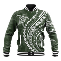 Unisex green baseball jacket with turtle graphic, white tribal pattern, striped ribbed collar