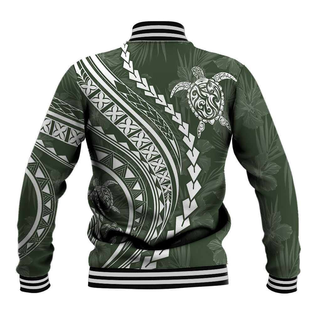 Unisex green baseball jacket, back view with turtle and tribal bands, ribbed striped hem