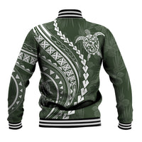 Unisex green baseball jacket, back view with turtle and tribal bands, ribbed striped hem