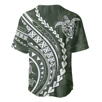 Sage green baseball jersey with large turtle graphic and diagonal tribal stripe pattern