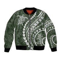 Sage green bomber jacket with front zipper, white tribal turtle and geometric print