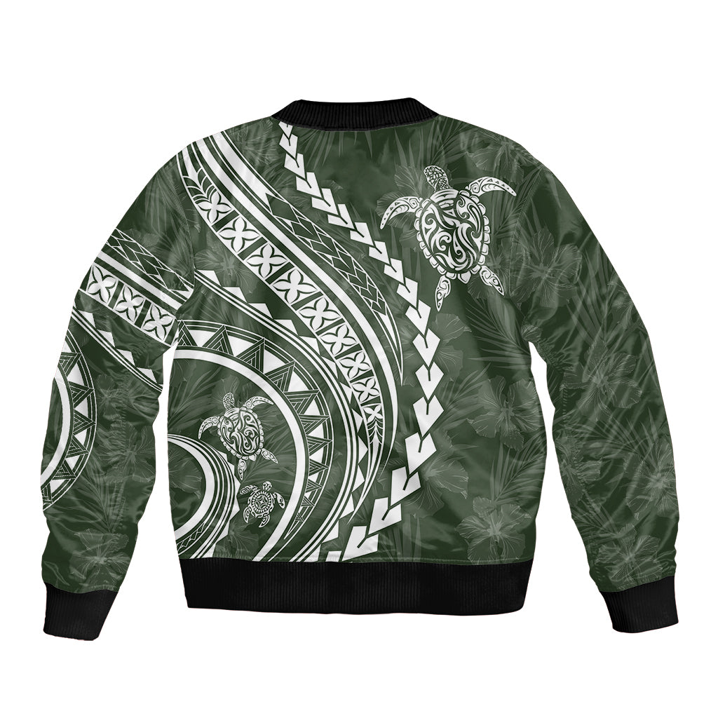 Sage green bomber jacket with ribbed hem, large back circular tribal turtle print