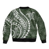Sage green bomber jacket with ribbed hem, large back circular tribal turtle print
