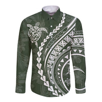 Sage green long sleeve button shirt with Polynesian turtle and floral print