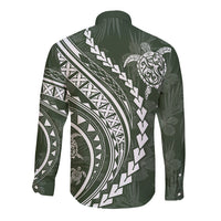 Sage green long sleeve button shirt, back view, tribal turtle and floral pattern
