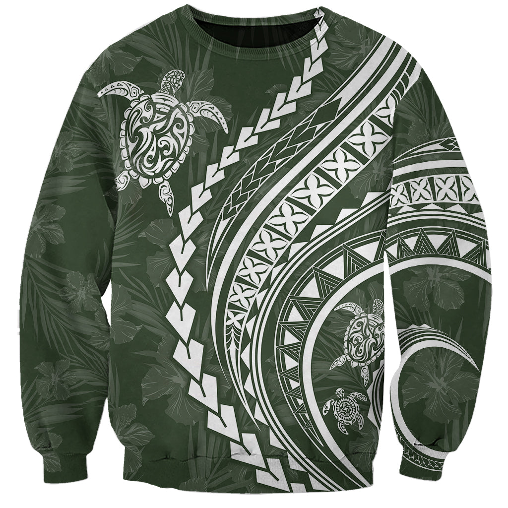 Unisex dark green sweatshirt with white Polynesian turtle and hibiscus graphic front