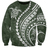 Unisex dark green sweatshirt with white Polynesian turtle and hibiscus graphic front