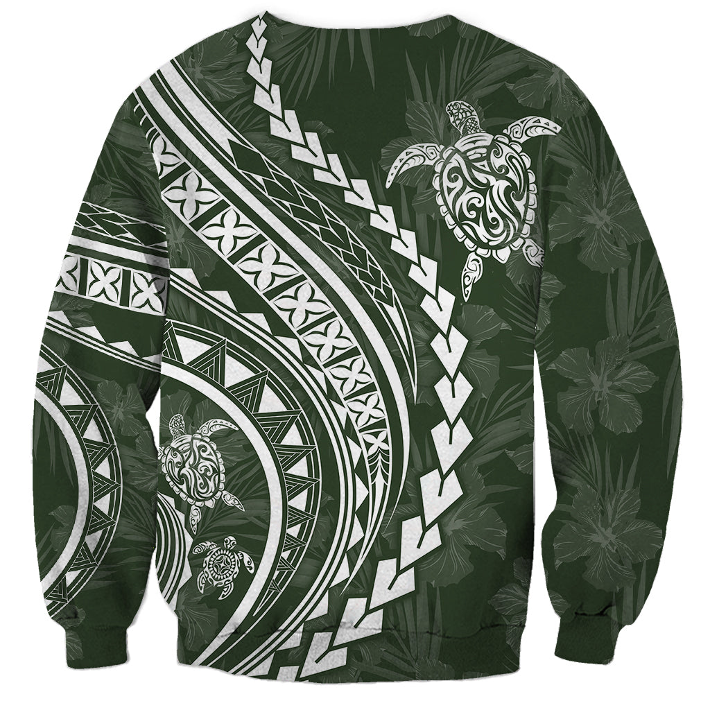 Unisex dark green sweatshirt with white tribal pattern and turtle hibiscus artwork