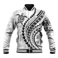 White baseball jacket with black tribal turtle and hibiscus print, ribbed cuffs and collar