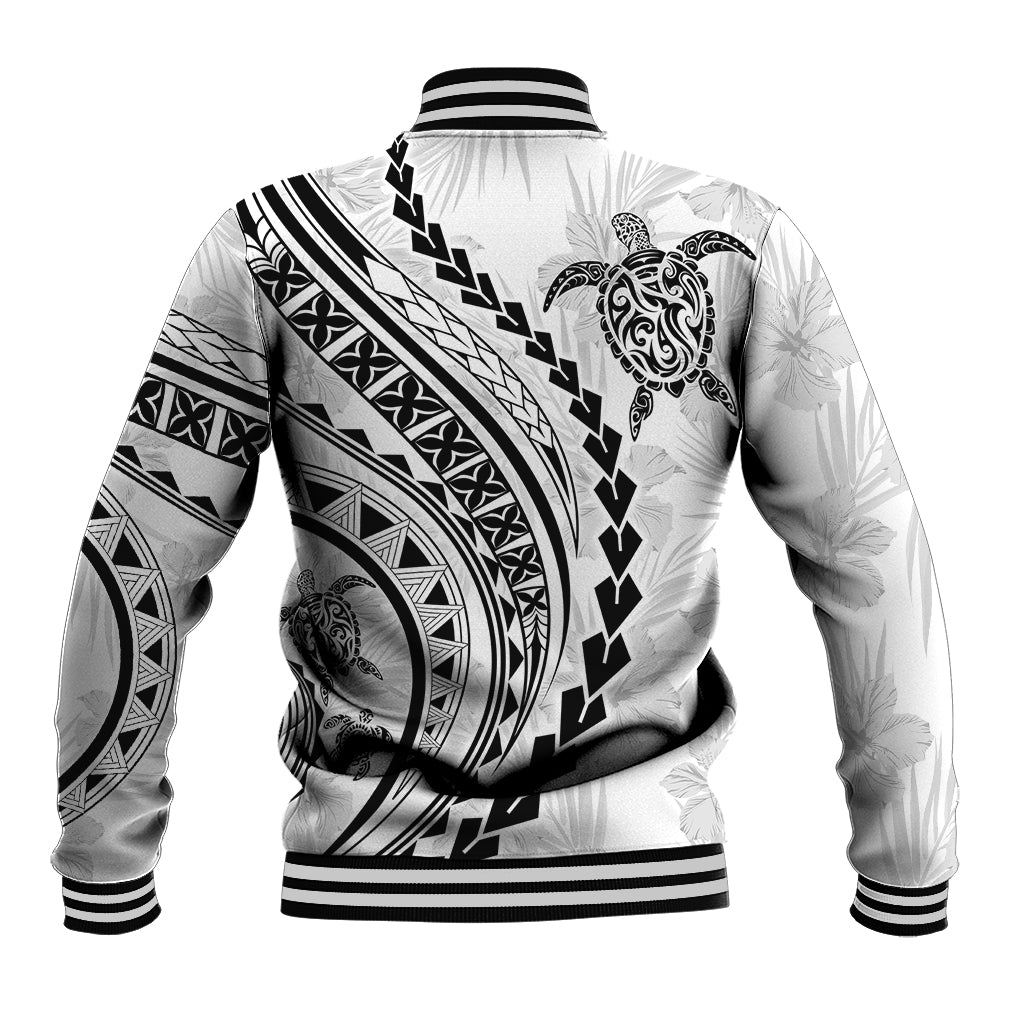 White baseball jacket with black tribal back print, ribbed hem and striped cuffs