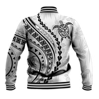 White baseball jacket with black tribal back print, ribbed hem and striped cuffs