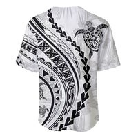 White baseball jersey with black Polynesian tribal patterns and turtle graphic, short sleeves