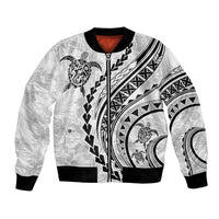 Unisex white bomber jacket with black Polynesian graphic print, front zip and ribbed cuffs