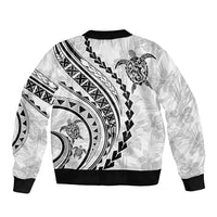 Unisex white bomber jacket with black Polynesian graphic print, ribbed hem and cuffs