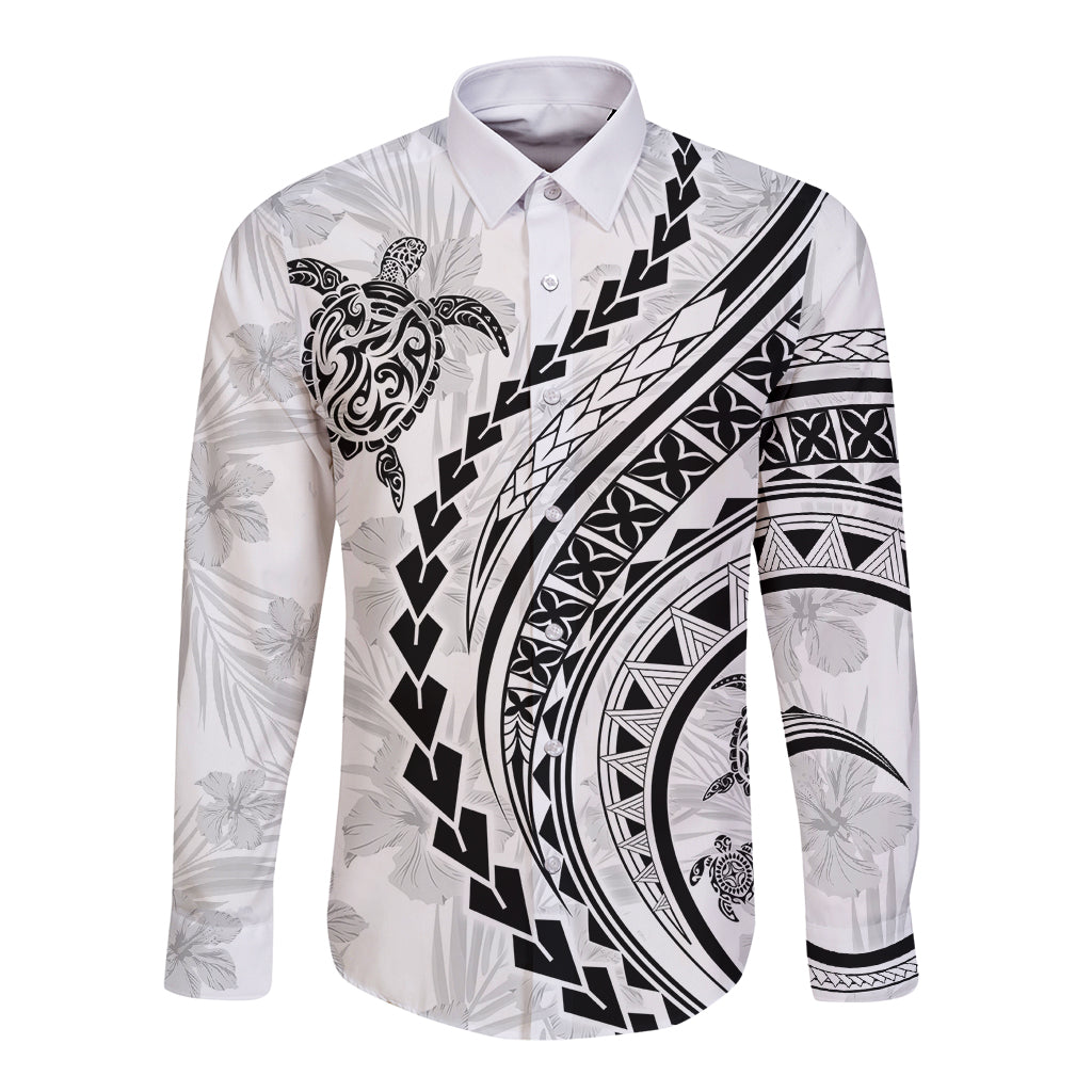 White long-sleeve button shirt with black tribal turtle and floral print