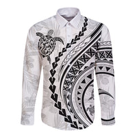 White long-sleeve button shirt with black tribal turtle and floral print