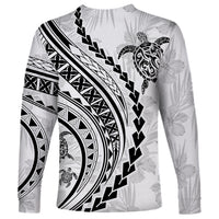 Unisex long sleeve shirt, white with black Polynesian-style arch and turtle graphic