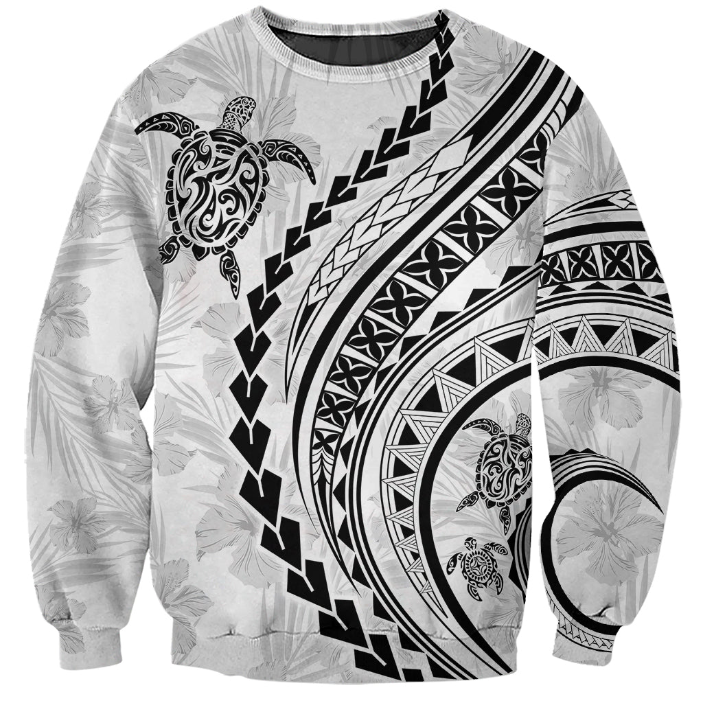 Unisex white sweatshirt with black diagonal tribal bands, turtles, and hibiscus print