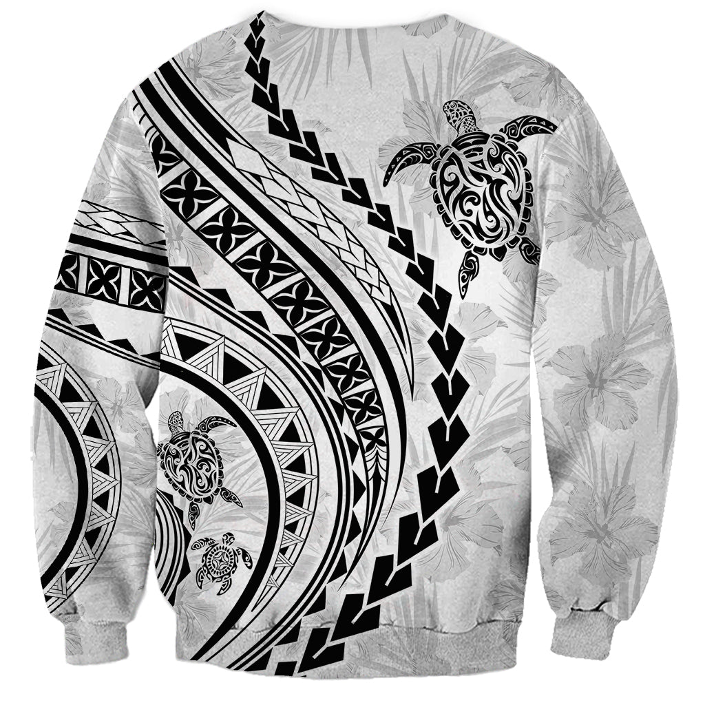 Unisex white sweatshirt with black tribal turtle and hibiscus all-over print