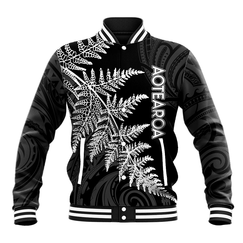 Black baseball jacket with white fern-style graphic, snap front, striped ribbed collar