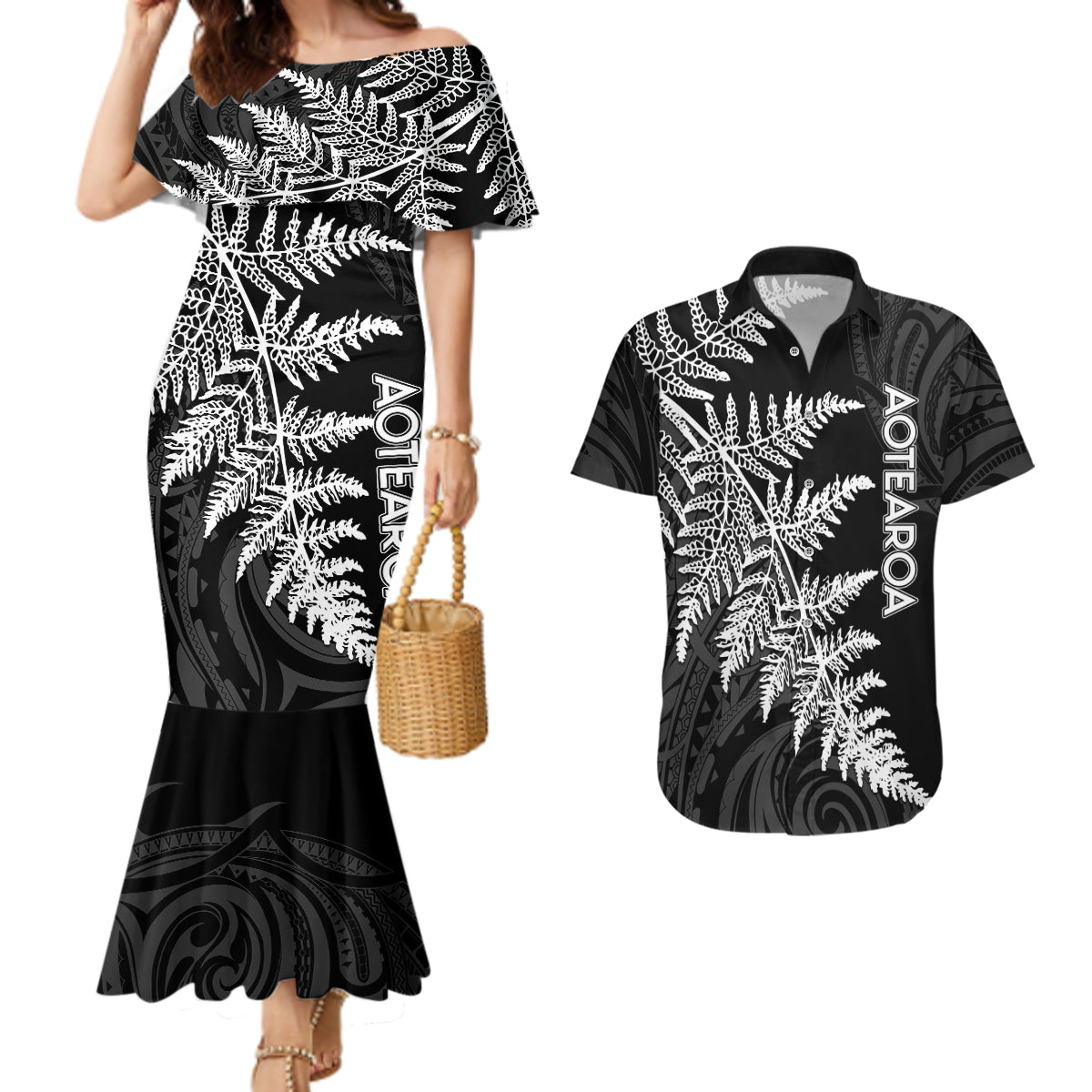 Personalised New Zealand Rugby Couples Matching Mermaid Dress and Hawaiian Shirt World Cup 2023 Silver Fern Champions LT7 - Wonder Print Shop